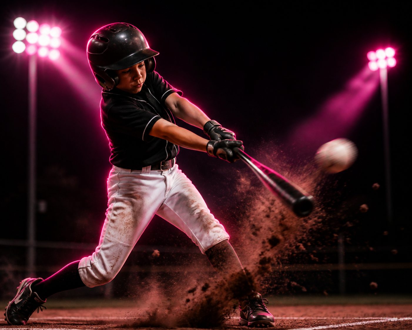 Carolina Ruckus player mid-swing under stadium lights